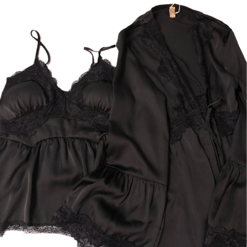 Set de pijama din trei piese, din ice silk, cu inserții pentru bust, cardigan în stil franțuzesc, decolteu în V, mâneci lungi