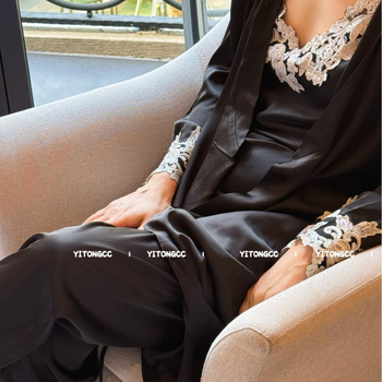 Svileni trodijelni set za spavanje s čipkastim detaljima, Ice Silk pidžama, dugi rukavi, bez ovratnika