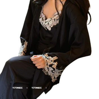 Svileni trodijelni set za spavanje s čipkastim detaljima, Ice Silk pidžama, dugi rukavi, bez ovratnika