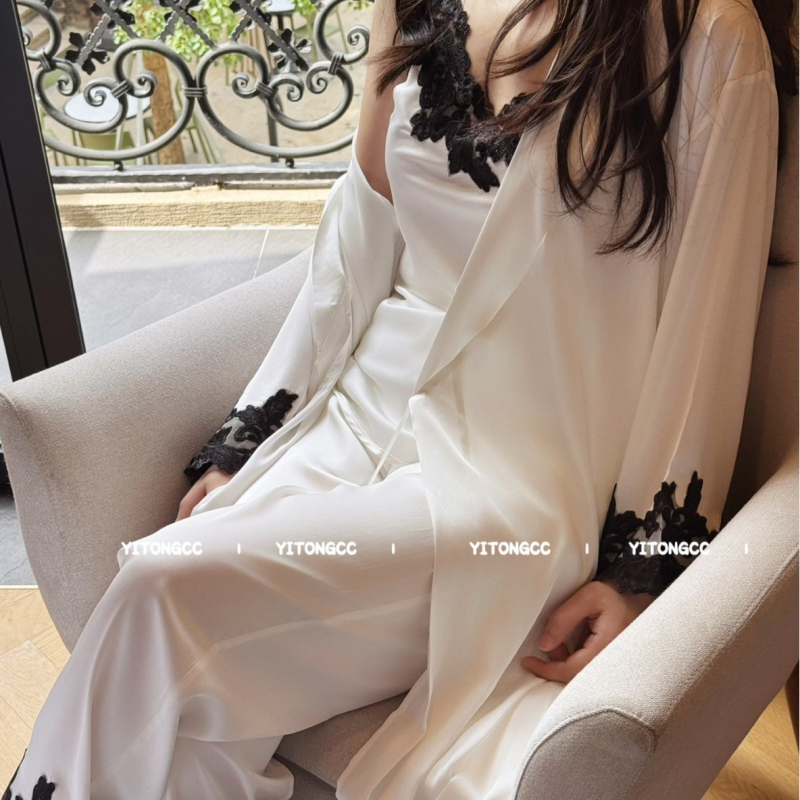 Svileni trodijelni set za spavanje s čipkastim detaljima, Ice Silk pidžama, dugi rukavi, bez ovratnika