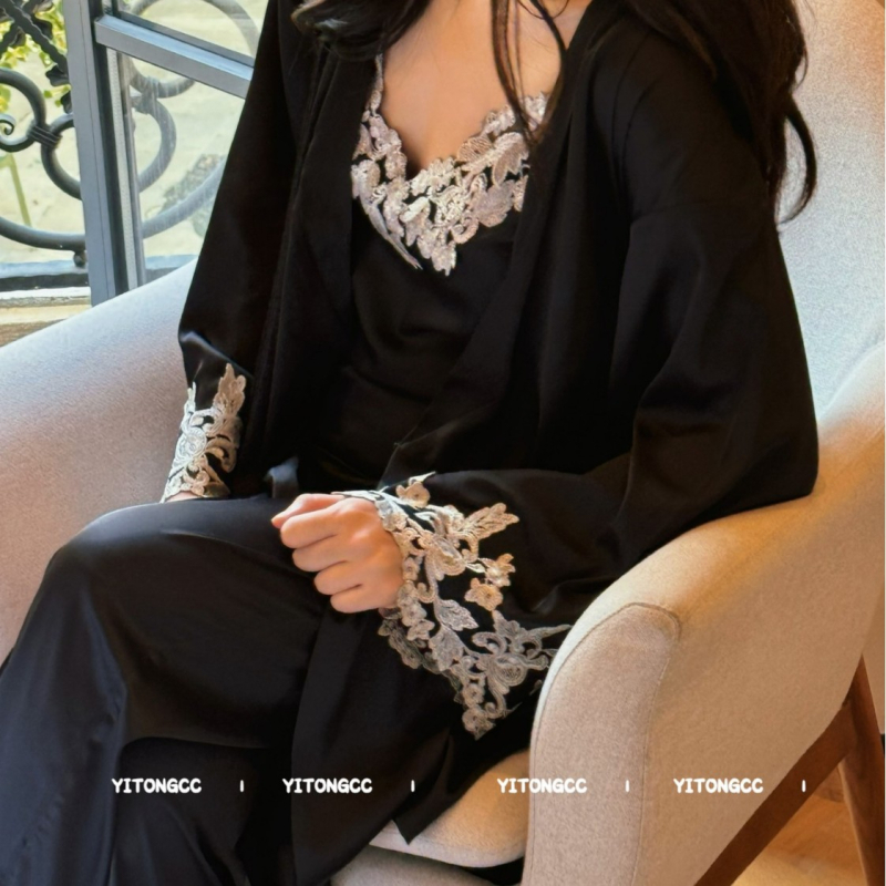 Svileni trodijelni set za spavanje s čipkastim detaljima, Ice Silk pidžama, dugi rukavi, bez ovratnika