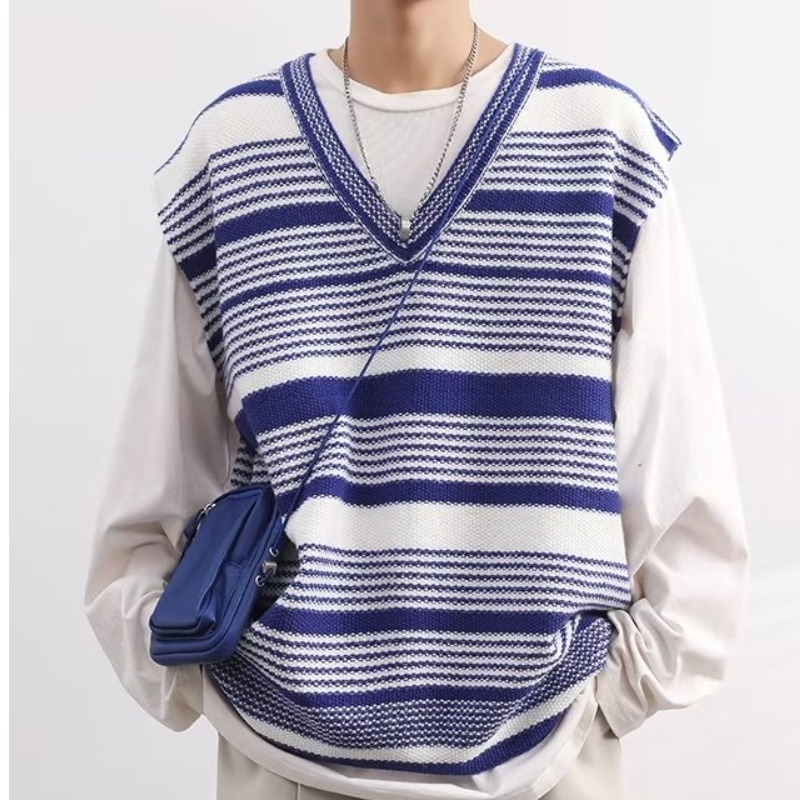 Ανδρικό πλεκτό γιλέκο με V-λαιμό, ριγέ, χαλαρή εφαρμογή, διπλής σειράς κουμπώματα, πολυεστερική ανάμιξη