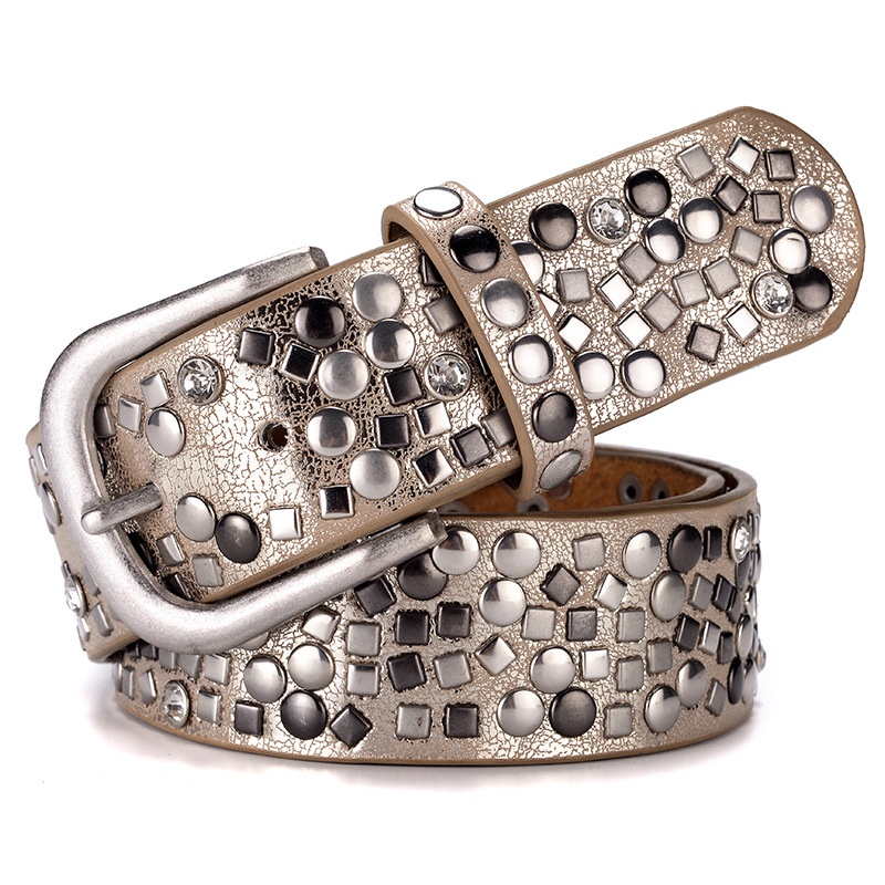 Дамски широк PU колан с декоративни пирони и катарама от сплав с щифт