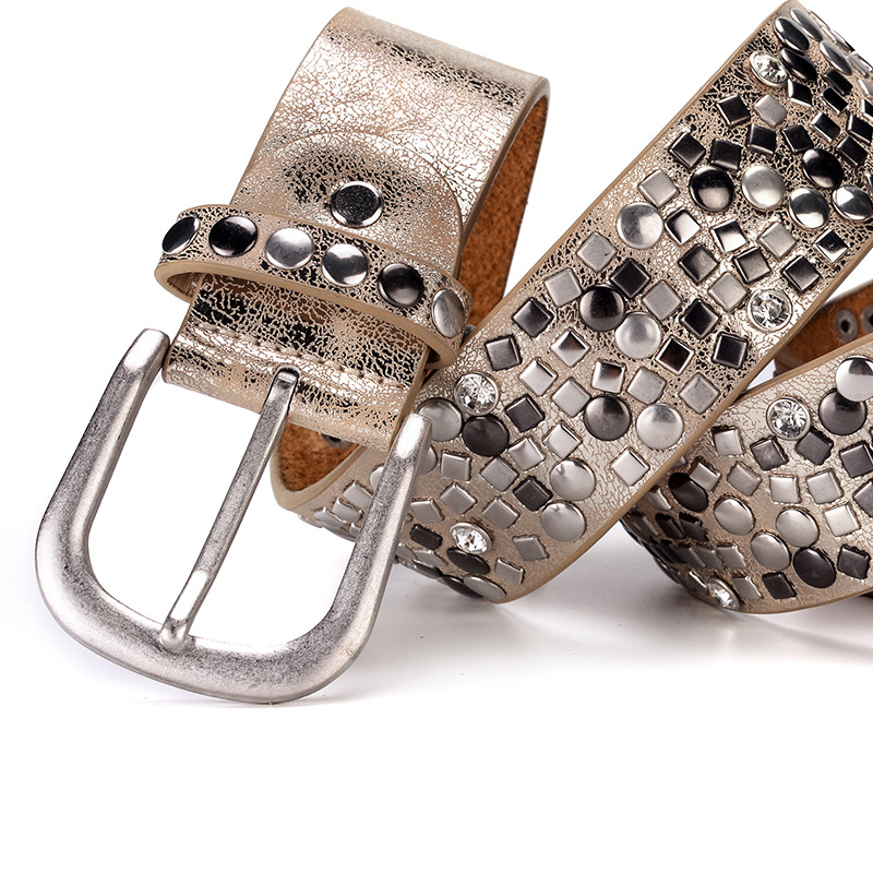 Дамски широк PU колан с декоративни пирони и катарама от сплав с щифт