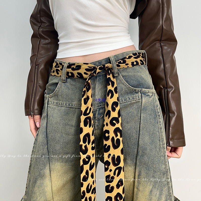 Шал-белт с леопардов принт за жени — тънък колан с връзване, катарама от неръждаема стомана, марка Tushu, лято 2025