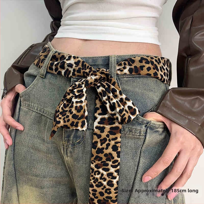 Шал-белт с леопардов принт за жени — тънък колан с връзване, катарама от неръждаема стомана, марка Tushu, лято 2025