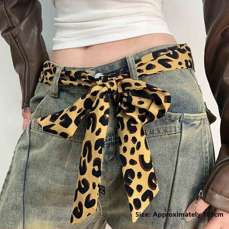 Шал-белт с леопардов принт за жени — тънък колан с връзване, катарама от неръждаема стомана, марка Tushu, лято 2025