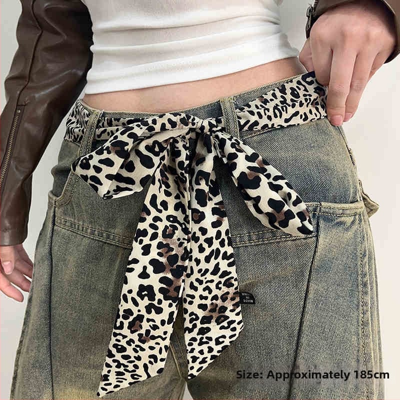 Шал-белт с леопардов принт за жени — тънък колан с връзване, катарама от неръждаема стомана, марка Tushu, лято 2025