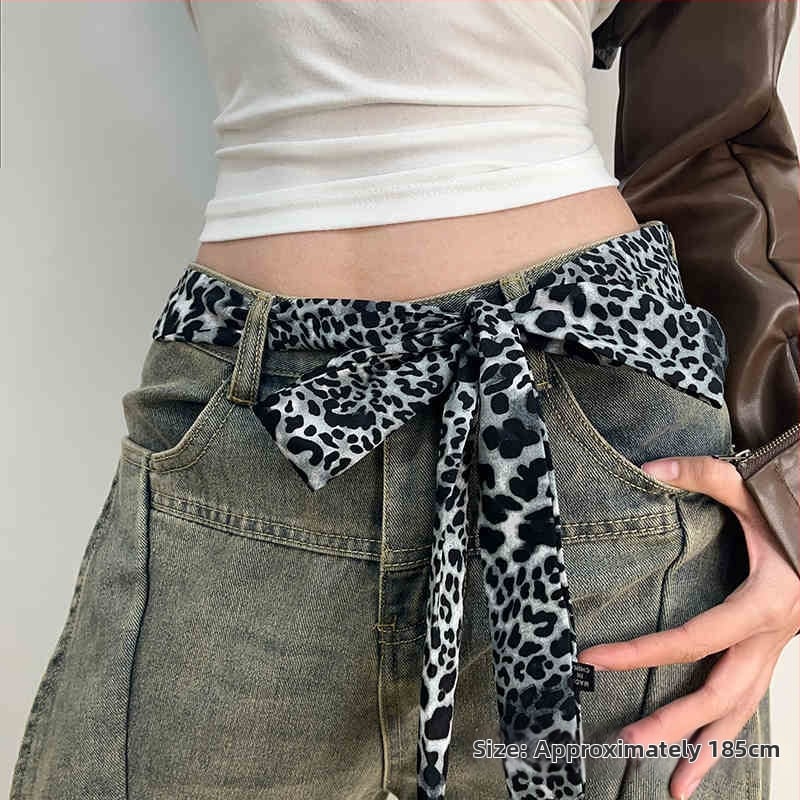 Шал-белт с леопардов принт за жени — тънък колан с връзване, катарама от неръждаема стомана, марка Tushu, лято 2025