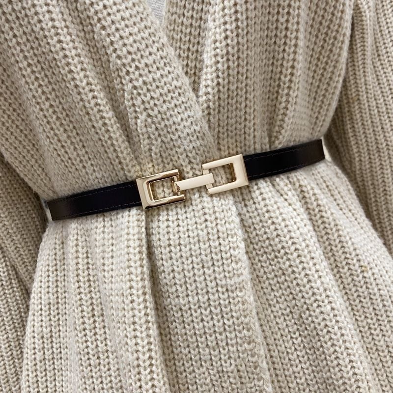 Дамски колан от кожа с катарама от сплав, закопчаване с връзки, тънък талиев колан (<2 см), сладък стил