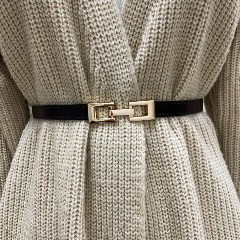 Дамски колан от кожа с катарама от сплав, закопчаване с връзки, тънък талиев колан (<2 см), сладък стил