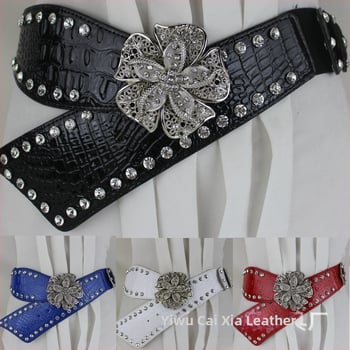 Женски колан за талия с кристали вградени и флорална катарама от сплав, изкуствена кожа, закопчаване със щракване