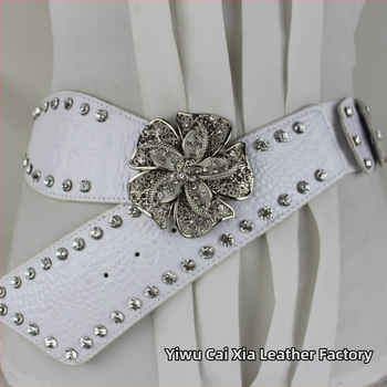 Женски колан за талия с кристали вградени и флорална катарама от сплав, изкуствена кожа, закопчаване със щракване
