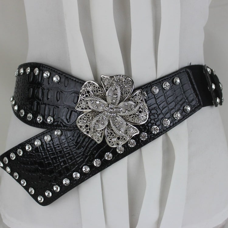 Женски колан за талия с кристали вградени и флорална катарама от сплав, изкуствена кожа, закопчаване със щракване