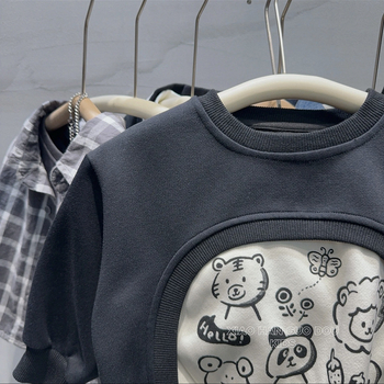 Dječja majica-sweatshirt s korejskim stilom, tanak, unisex za djecu 3–8 godina, 90% poliester, zima 2024, patchwork dizajn