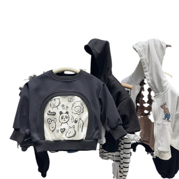 Dječja majica-sweatshirt s korejskim stilom, tanak, unisex za djecu 3–8 godina, 90% poliester, zima 2024, patchwork dizajn