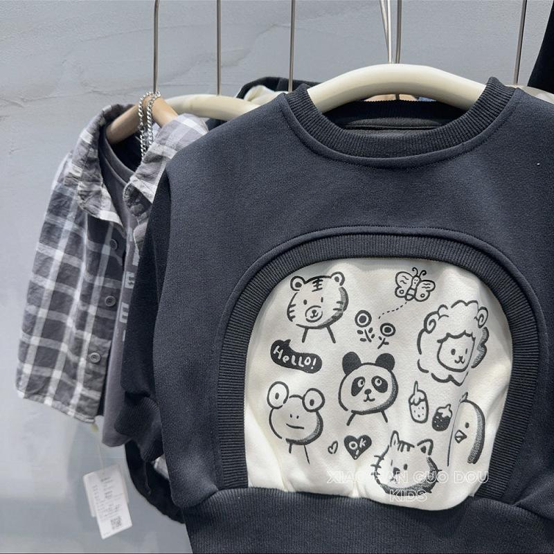 Dječja majica-sweatshirt s korejskim stilom, tanak, unisex za djecu 3–8 godina, 90% poliester, zima 2024, patchwork dizajn