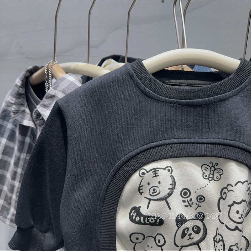 Dječja majica-sweatshirt s korejskim stilom, tanak, unisex za djecu 3–8 godina, 90% poliester, zima 2024, patchwork dizajn