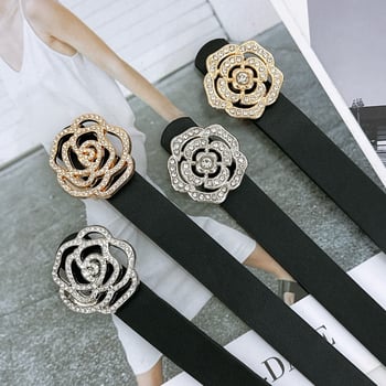 Дамски колан от имитационна кожа с украса розово цвете и кристали, тънък дизайн (<2 см), катарама от сплав, гладко закопчаване, електроплатина с диаманти