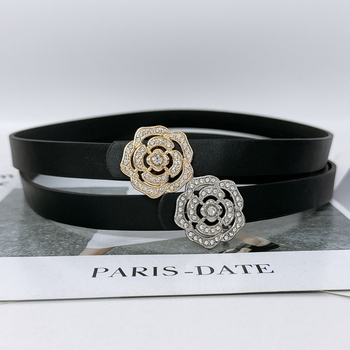 Дамски колан от имитационна кожа с украса розово цвете и кристали, тънък дизайн (<2 см), катарама от сплав, гладко закопчаване, електроплатина с диаманти