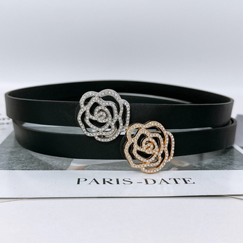 Дамски колан от имитационна кожа с украса розово цвете и кристали, тънък дизайн (<2 см), катарама от сплав, гладко закопчаване, електроплатина с диаманти