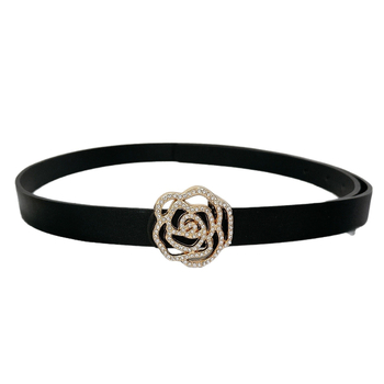Дамски колан от имитационна кожа с украса розово цвете и кристали, тънък дизайн (<2 см), катарама от сплав, гладко закопчаване, електроплатина с диаманти
