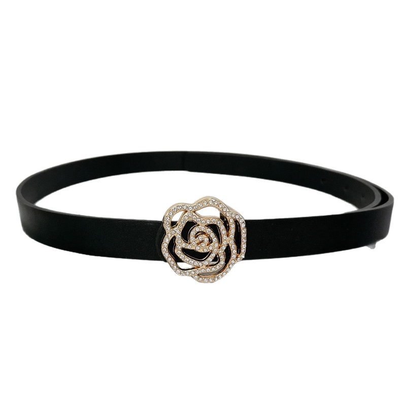 Дамски колан от имитационна кожа с украса розово цвете и кристали, тънък дизайн (<2 см), катарама от сплав, гладко закопчаване, електроплатина с диаманти