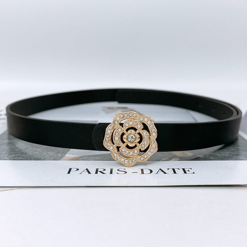 Дамски колан от имитационна кожа с украса розово цвете и кристали, тънък дизайн (<2 см), катарама от сплав, гладко закопчаване, електроплатина с диаманти