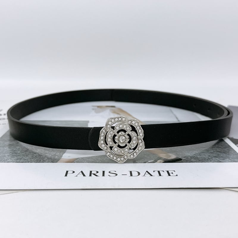 Дамски колан от имитационна кожа с украса розово цвете и кристали, тънък дизайн (<2 см), катарама от сплав, гладко закопчаване, електроплатина с диаманти