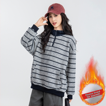 Dječji hoodie s kapuljom i flecom iznutra, prugasti dizajn, dugi rukav, unisex, za jesen i zimu, 67% poliestera