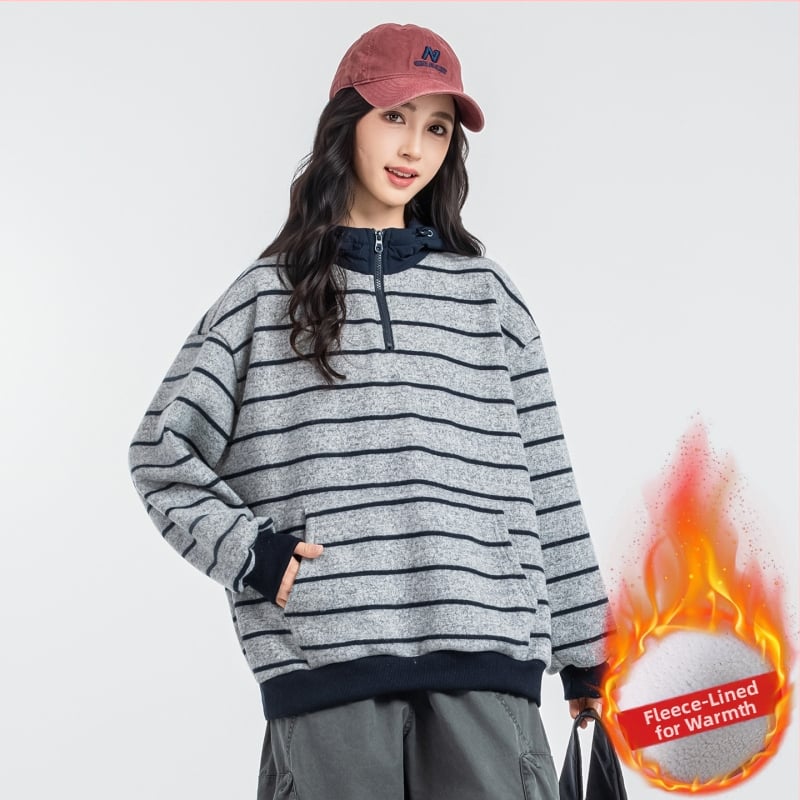 Dječji hoodie s kapuljom i flecom iznutra, prugasti dizajn, dugi rukav, unisex, za jesen i zimu, 67% poliestera