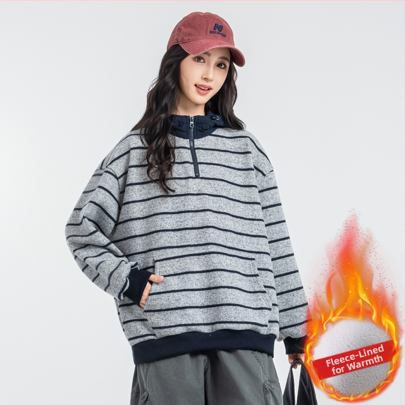 Dječji hoodie s kapuljom i flecom iznutra, prugasti dizajn, dugi rukav, unisex, za jesen i zimu, 67% poliestera
