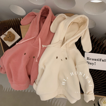 Dječja hoodie s kapuljačom i ušima zeca, cartoon print, debeli poliester fleece