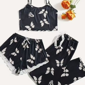 Ženski pidžamski set bez rukava s camisoleom i šortsevima, Milk Silk tkanina, 95–100% poliestera, tanak, 161–180 g/m2, jednostavan i opušten stil s nježnim otiskom mašne