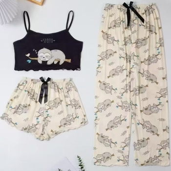 Ženski pidžamski set bez rukava s camisoleom i šortsevima, Milk Silk tkanina, 95–100% poliestera, tanak, 161–180 g/m2, jednostavan i opušten stil s nježnim otiskom mašne
