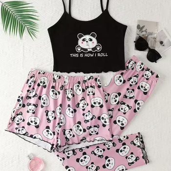 Ženski pidžamski set bez rukava s camisoleom i šortsevima, Milk Silk tkanina, 95–100% poliestera, tanak, 161–180 g/m2, jednostavan i opušten stil s nježnim otiskom mašne