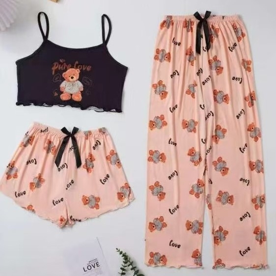 Ženski pidžamski set bez rukava s camisoleom i šortsevima, Milk Silk tkanina, 95–100% poliestera, tanak, 161–180 g/m2, jednostavan i opušten stil s nježnim otiskom mašne