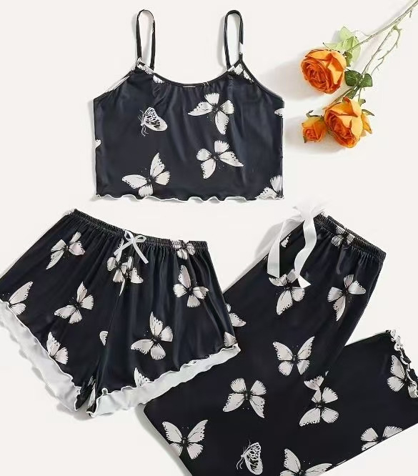 Ženski pidžamski set bez rukava s camisoleom i šortsevima, Milk Silk tkanina, 95–100% poliestera, tanak, 161–180 g/m2, jednostavan i opušten stil s nježnim otiskom mašne