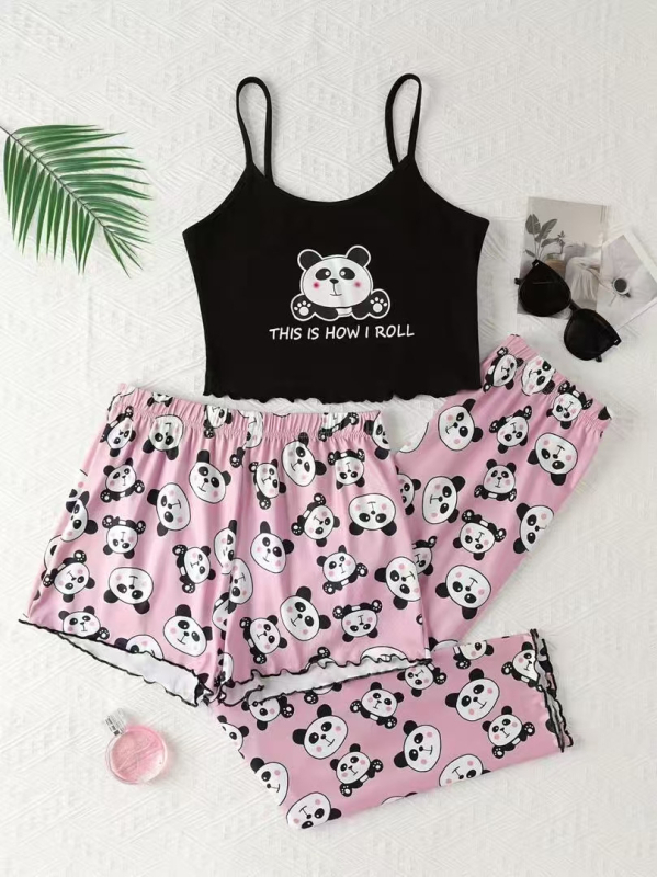 Ženski pidžamski set bez rukava s camisoleom i šortsevima, Milk Silk tkanina, 95–100% poliestera, tanak, 161–180 g/m2, jednostavan i opušten stil s nježnim otiskom mašne