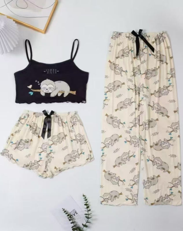 Ženski pidžamski set bez rukava s camisoleom i šortsevima, Milk Silk tkanina, 95–100% poliestera, tanak, 161–180 g/m2, jednostavan i opušten stil s nježnim otiskom mašne