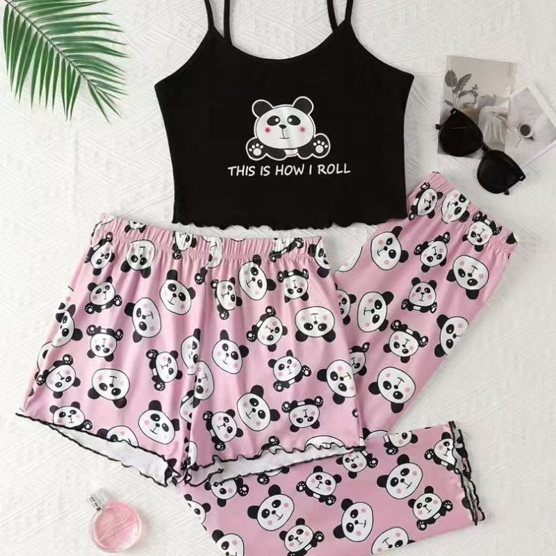 Ženski pidžamski set bez rukava s camisoleom i šortsevima, Milk Silk tkanina, 95–100% poliestera, tanak, 161–180 g/m2, jednostavan i opušten stil s nježnim otiskom mašne