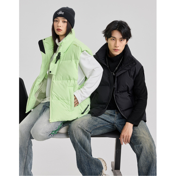 Unisex puffer vesta s stojećim ovratnikom, široki kroj, punjenje 150–200 g bijelog patka perja, 61–65% perja