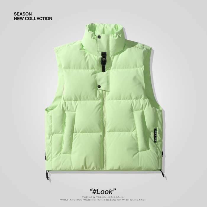 Unisex puffer vesta s stojećim ovratnikom, široki kroj, punjenje 150–200 g bijelog patka perja, 61–65% perja