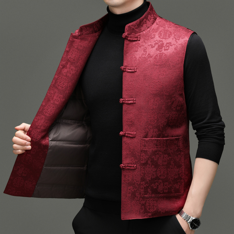 Ανδρικό γιλέκο με πούπουλα για το χειμώνα, στάντ γιακά, χωρίς μανίκια, στενή γραμμή, κλείσιμο με ένα κουμπί