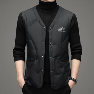 Ανδρικό γιλέκο με γέμισμα από πούπουλα για τον χειμώνα, χωρίς μανίκια, V-λαιμό, μονόμπροχο κούμπωμα, επένδυση πολυεστέρα