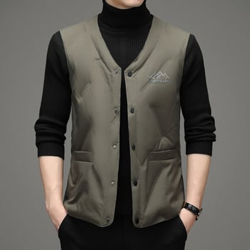 Ανδρικό γιλέκο με γέμισμα από πούπουλα για τον χειμώνα, χωρίς μανίκια, V-λαιμό, μονόμπροχο κούμπωμα, επένδυση πολυεστέρα