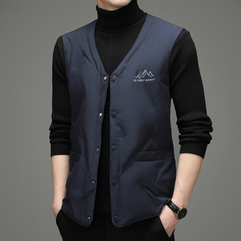 Ανδρικό γιλέκο με γέμισμα από πούπουλα για τον χειμώνα, χωρίς μανίκια, V-λαιμό, μονόμπροχο κούμπωμα, επένδυση πολυεστέρα