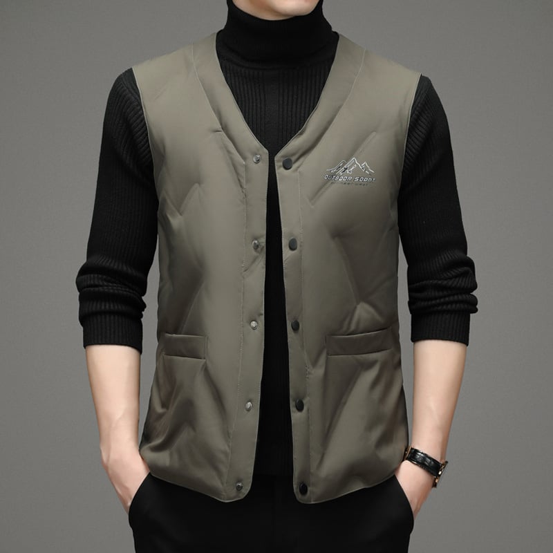 Ανδρικό γιλέκο με γέμισμα από πούπουλα για τον χειμώνα, χωρίς μανίκια, V-λαιμό, μονόμπροχο κούμπωμα, επένδυση πολυεστέρα