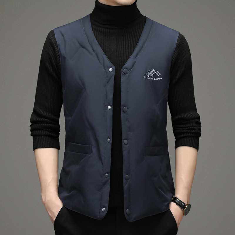 Ανδρικό γιλέκο με γέμισμα από πούπουλα για τον χειμώνα, χωρίς μανίκια, V-λαιμό, μονόμπροχο κούμπωμα, επένδυση πολυεστέρα