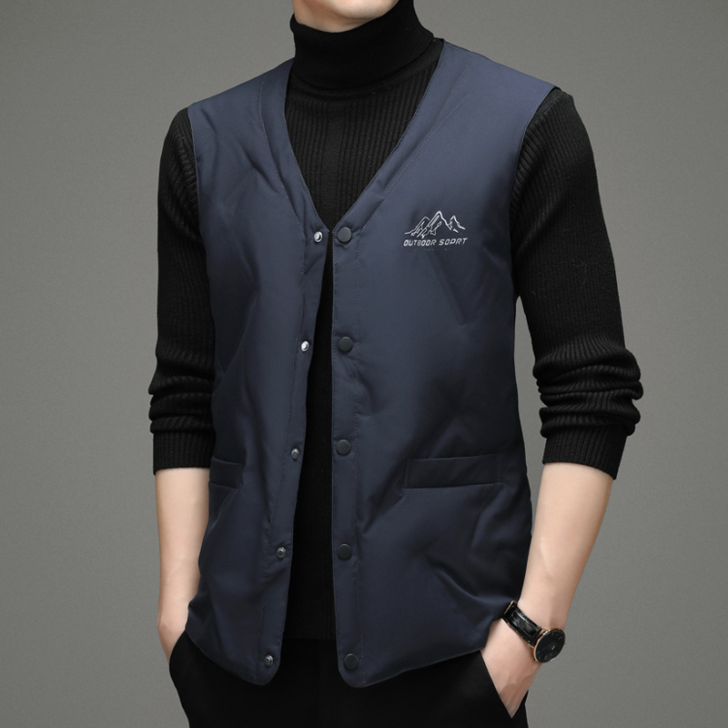 Ανδρικό γιλέκο με γέμισμα από πούπουλα για τον χειμώνα, χωρίς μανίκια, V-λαιμό, μονόμπροχο κούμπωμα, επένδυση πολυεστέρα